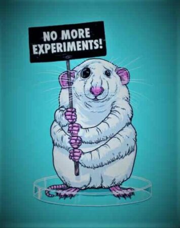 Animal holding sign saying No more Animal Testing on Bluish green backgound
