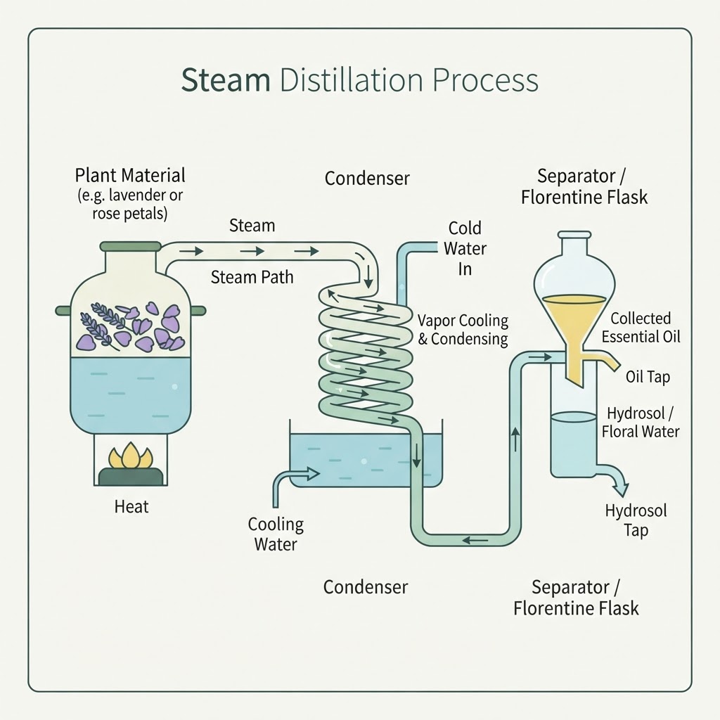 steam distillation extracts An infographic diagram illustrating the steam distillation process for essential oil extraction, showing labeled stages from plant material heating to condensation and final oil-water separation.