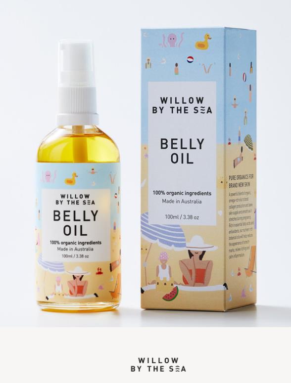 Willow By The Sea Belly Oil is light omega-rich organic oil ingredients include Avocado Oil, Geranium, Jojoba Oil, Lavender, Macadamia Oil, Rosehip Oil, Sunflower Oil. 