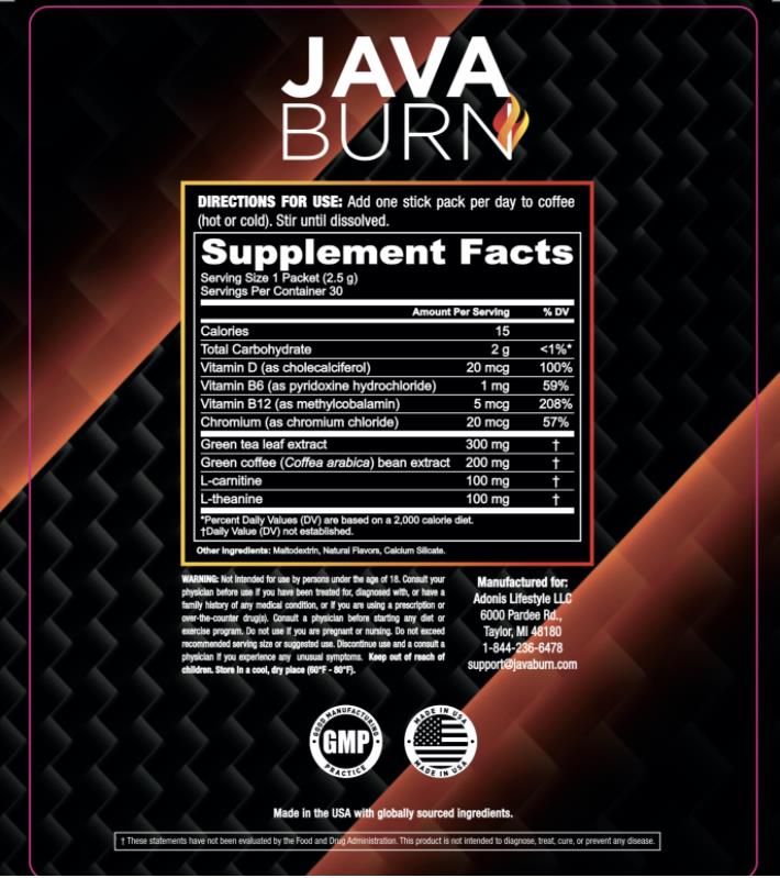 Java Burn supplement Facts and ingredient list
