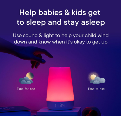 Hatch Rest Baby Sound Machine with blue background and lights on for the machine
