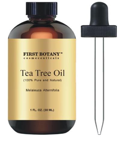 100% Pure Australian Tea Tree Essential Oil showing bottle and dropper