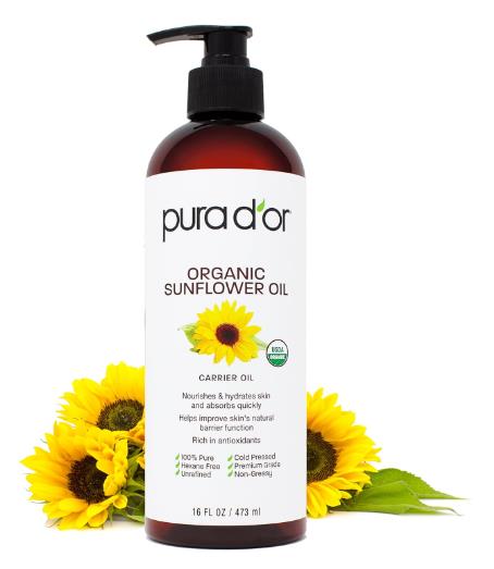 Organic sunflower Carrier Oil with Sunlowers behind the pump bottle
