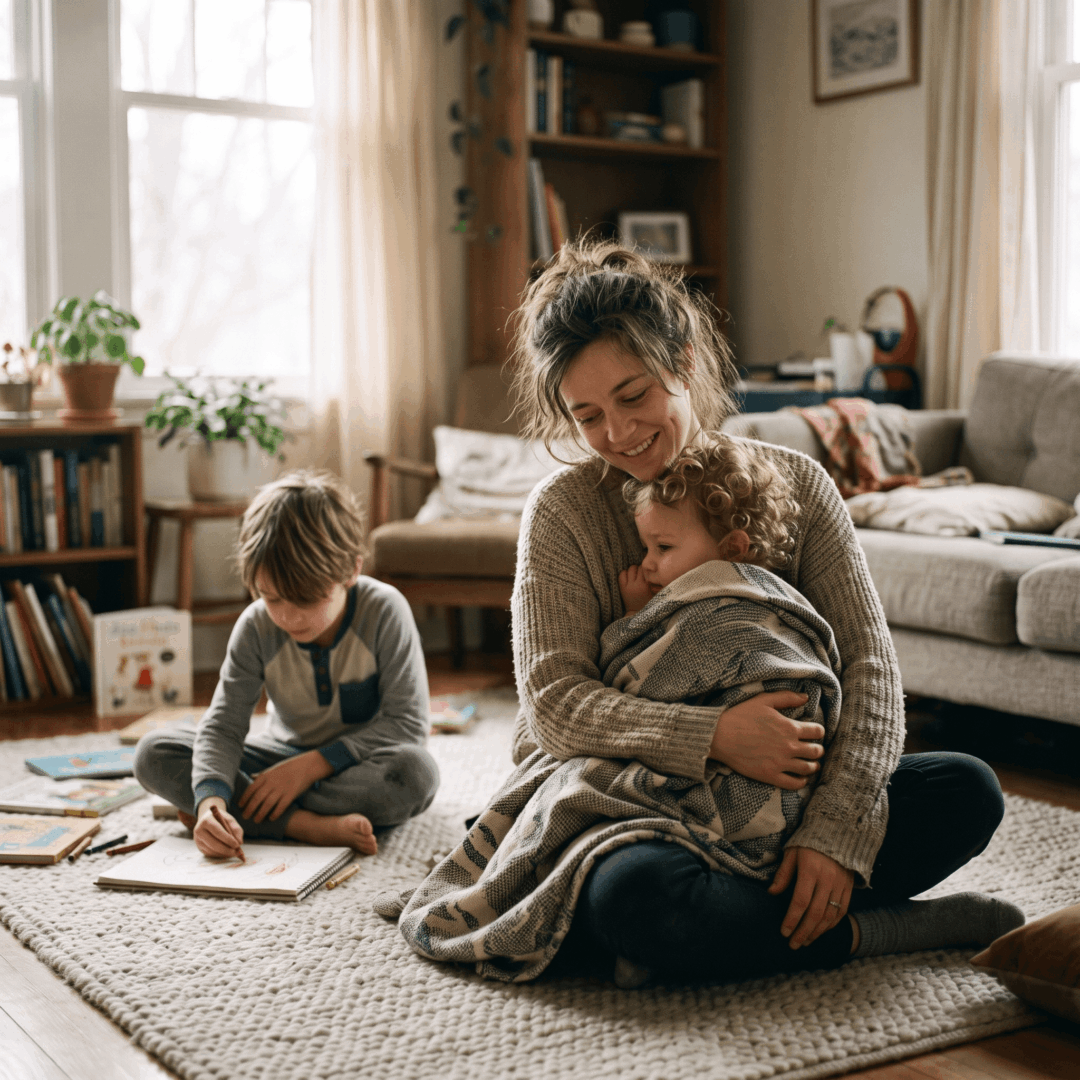 Candid family moment in a warm living room showing a parent supporting children of different ages, representing holistic parenting and family care.