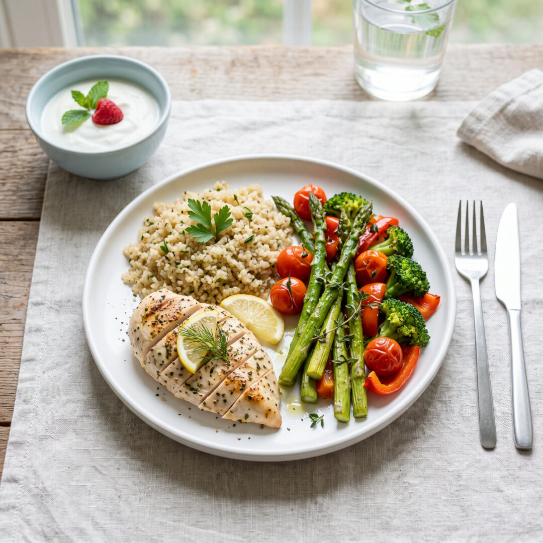 Minimalist balanced plate illustration showing vegetables, grains, protein, and dairy portions.