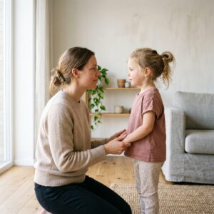 A parent gently guiding a child through a simple task in a warm, minimalist home setting.
