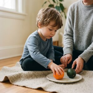 A parent gently guiding a child through a simple task in a warm, minimalist home setting.