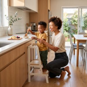 A child following a simple morning routine with a parent nearby in a clean, minimalist home environment.