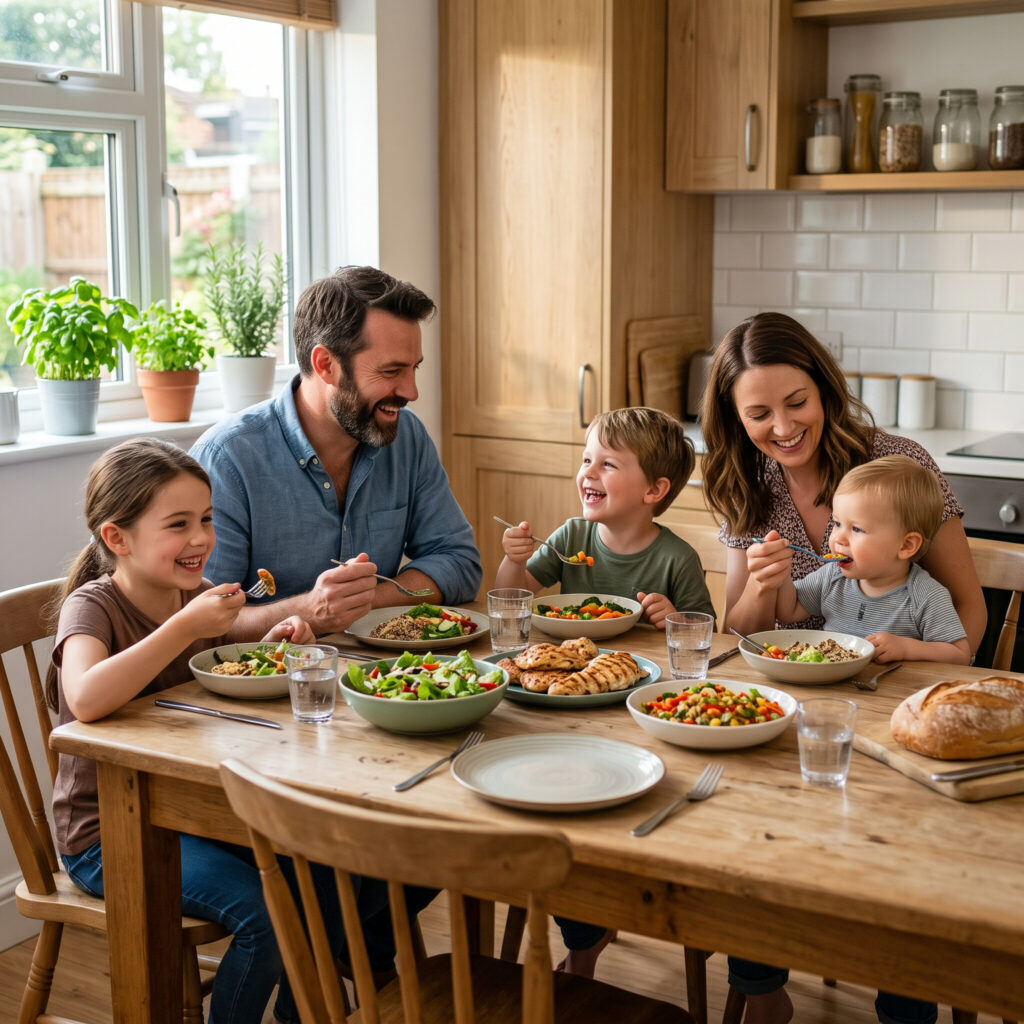 Family sitting together at a kitchen table enjoying a healthy meal in natural light.