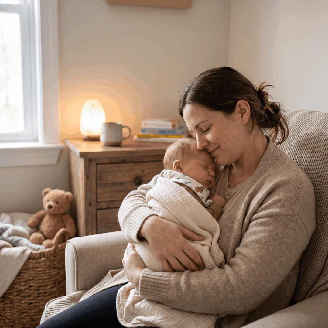 Mother cradling her sleeping baby in a warm, softly lit living room, representing the nurturing foundation of motherhood in parenting and family care.