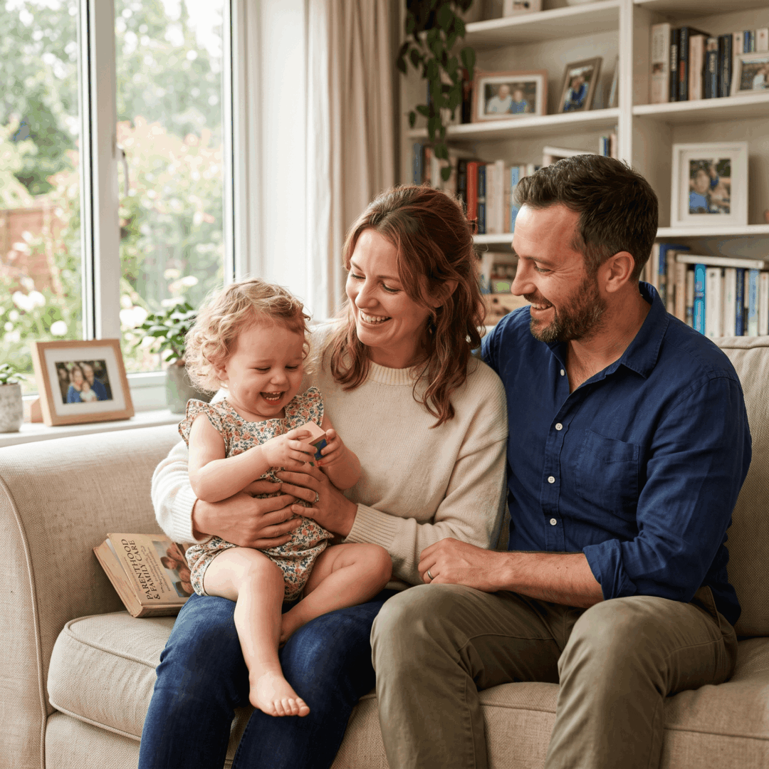 Parenting and Family Care: Image showing both parents with their toddler child sitting on the louge