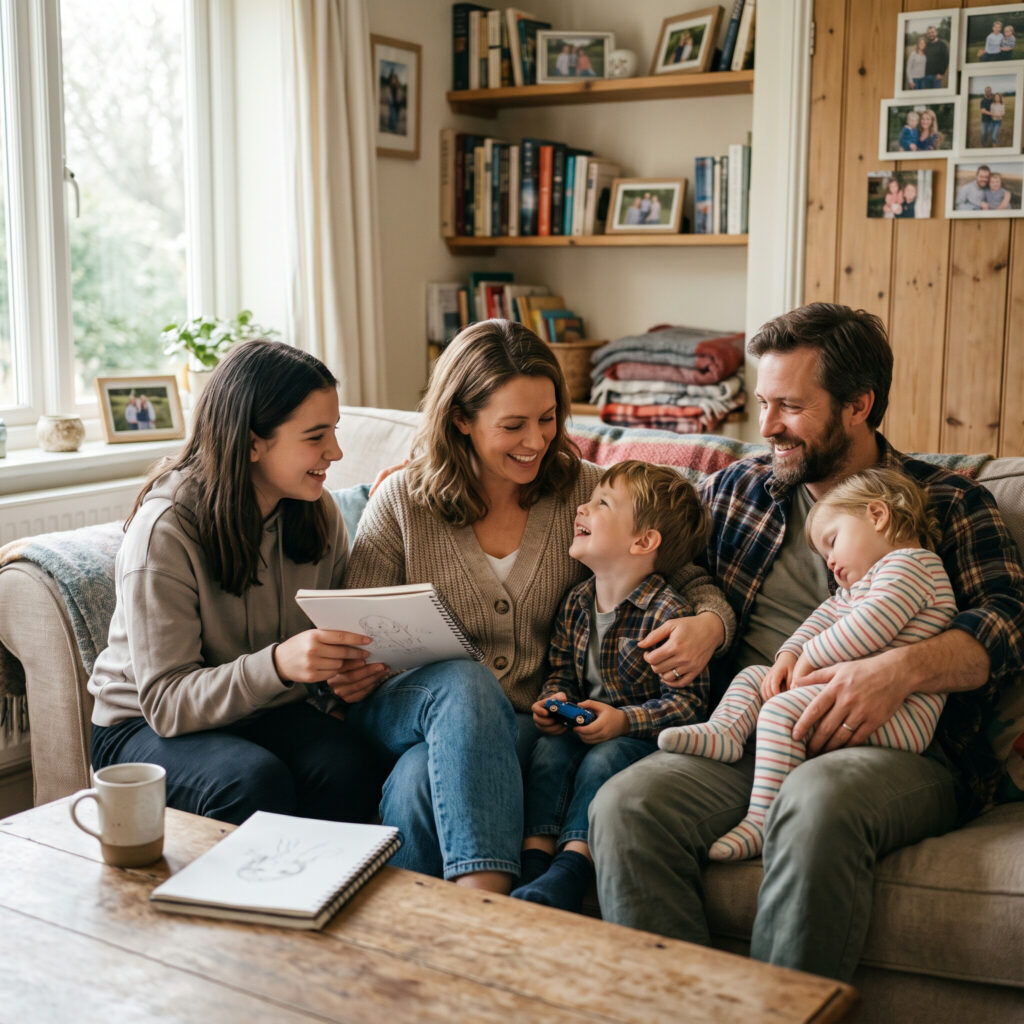 Family of mixed ages spending time together in a warm home setting, symbolizing unity, support, and guidance across every stage of parenting.