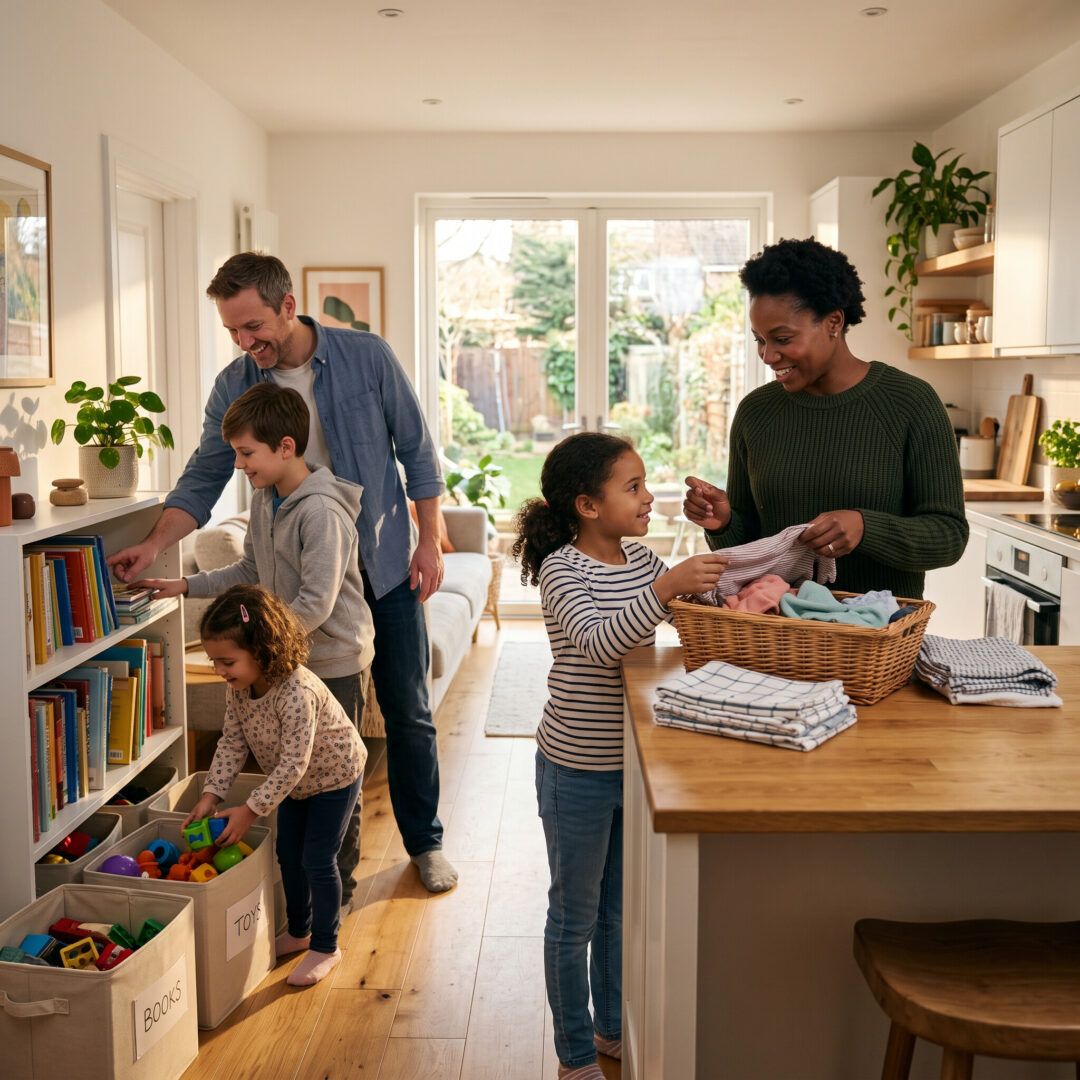 A family works together in a warm, organized home environment, completing simple household tasks such as tidying or preparing items. The parent offers gentle guidance while children contribute in age appropriate ways, creating a cooperative and balanced atmosphere. Natural light fills the room, highlighting the sense of structure, communication, and shared responsibility. The scene reflects how family routines build harmony, predictability, and teamwork.