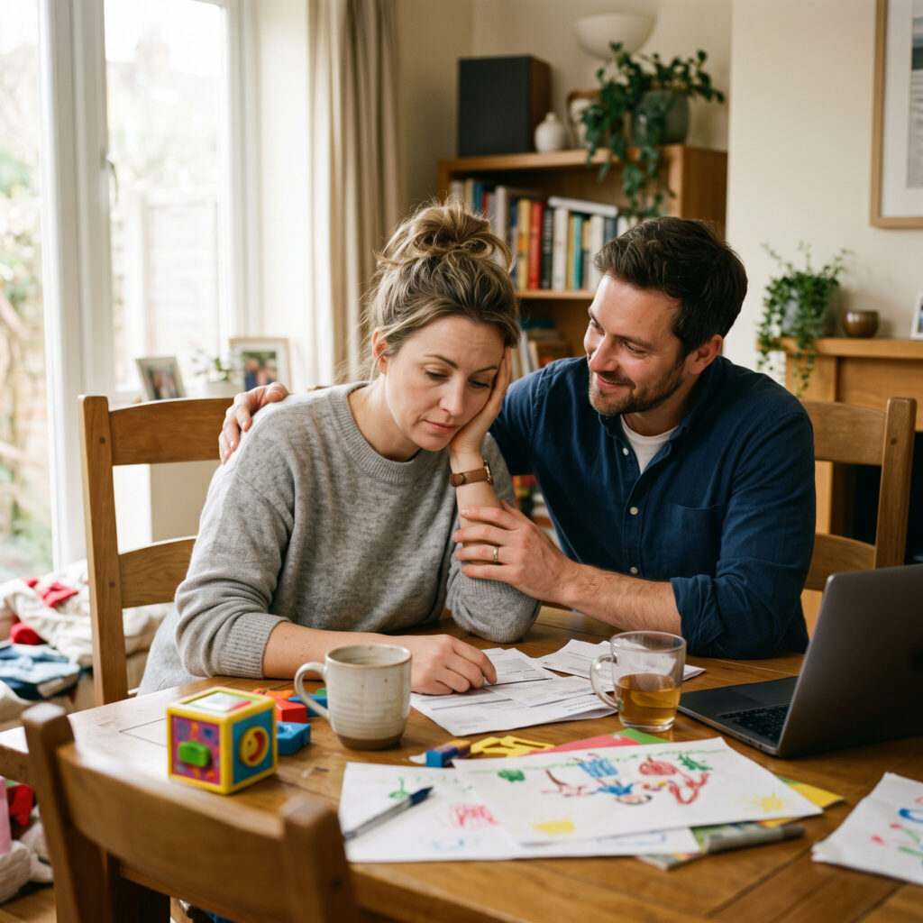 Parent experiencing mild overwhelm while receiving supportive reassurance from a partner or friend, reflecting parenting challenges and healthy coping strategies in family care.