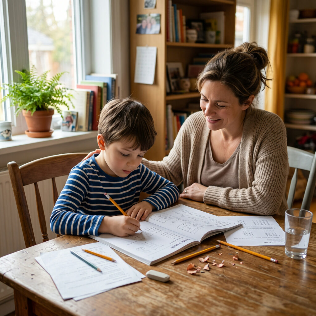 School-age child working independently on homework while a parent offers gentle support, showing learning habits, independence, and growing confidence in parenting and family care.