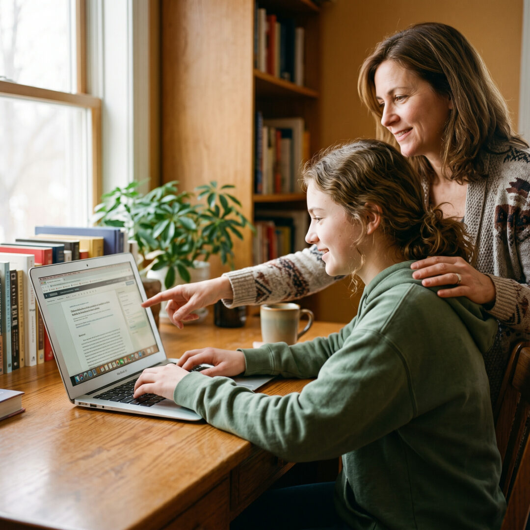 Teenager using a laptop responsibly while a parent offers supportive guidance, showing independence, emotional wellbeing, and healthy digital habits in parenting and family care.