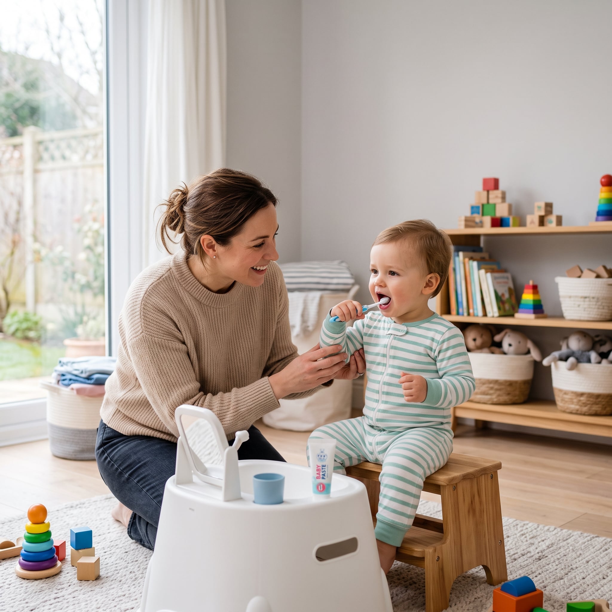 Parent guiding a toddler through a simple daily routine indoors, supporting emotional growth, independence, and early learning in parenting and family care.