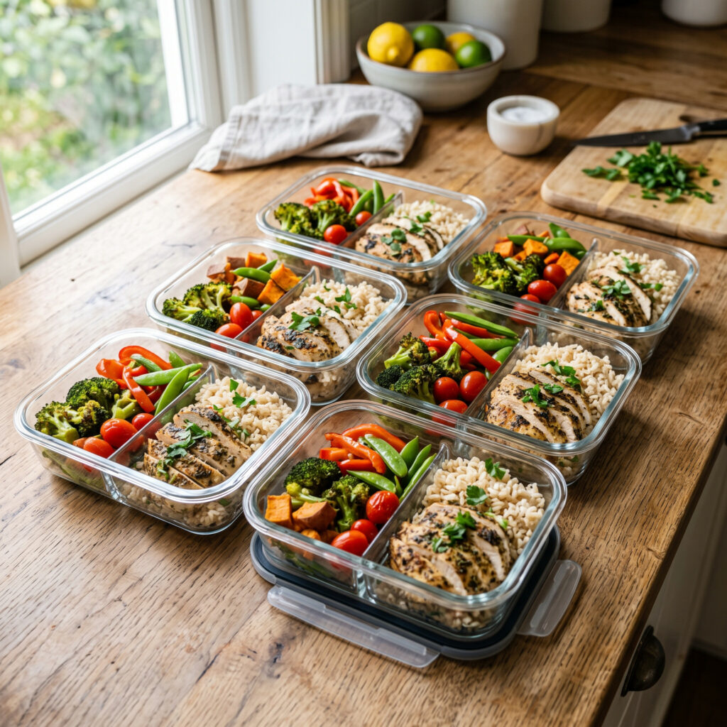 Meal prep containers with balanced meals including chicken, rice, and vegetables on a kitchen counter.